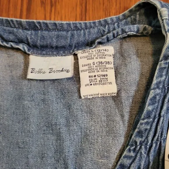 90s Bobbie Brooks Denim Floral Embroidered Vest Lagenlook Cottagecore Size L - Picture 4 of 12